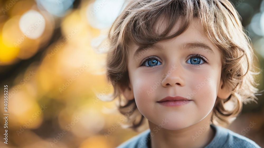 A portrait of a young boy with curly hair and blue eyes, set against a blurred autumn background. A portrait of a young boy with curly hair and blue eyes, set against a blurred autumn background.