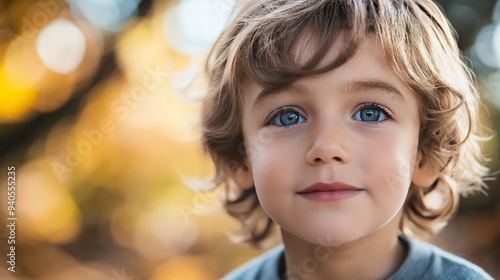 A portrait of a young boy with curly hair and blue eyes, set against a blurred autumn background.