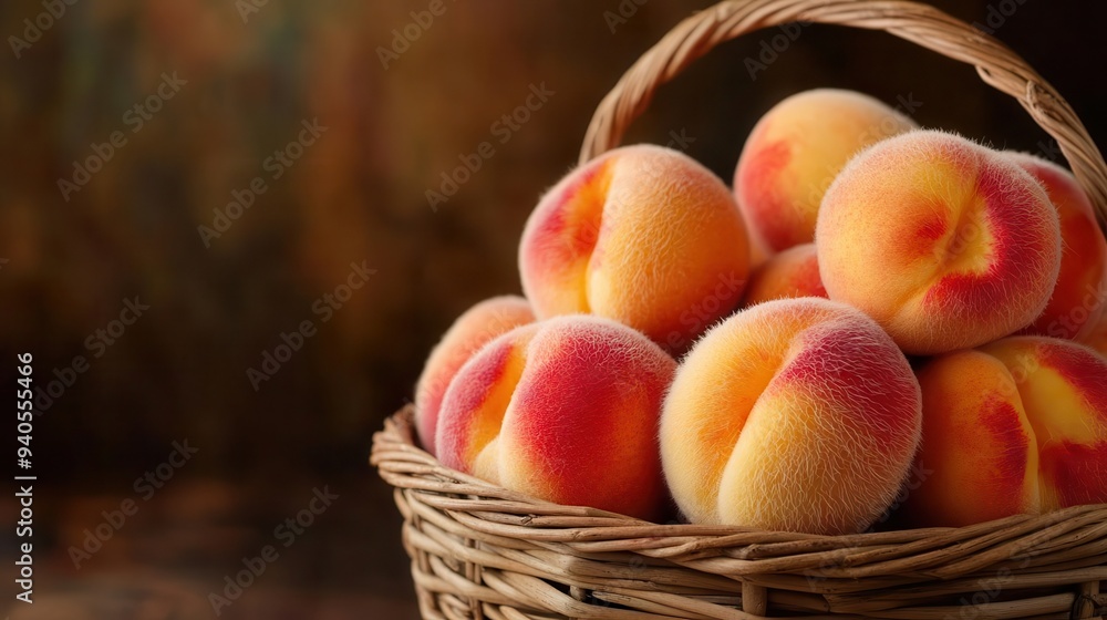 A still life of peaches in a basket, with the soft fuzz clearly visible, creating a warm and inviting scene, peach, fuzz, still life A still life of peaches in a basket, with the soft fuzz clearly visible, creating a warm and inviting scene, peach, fuzz, still life