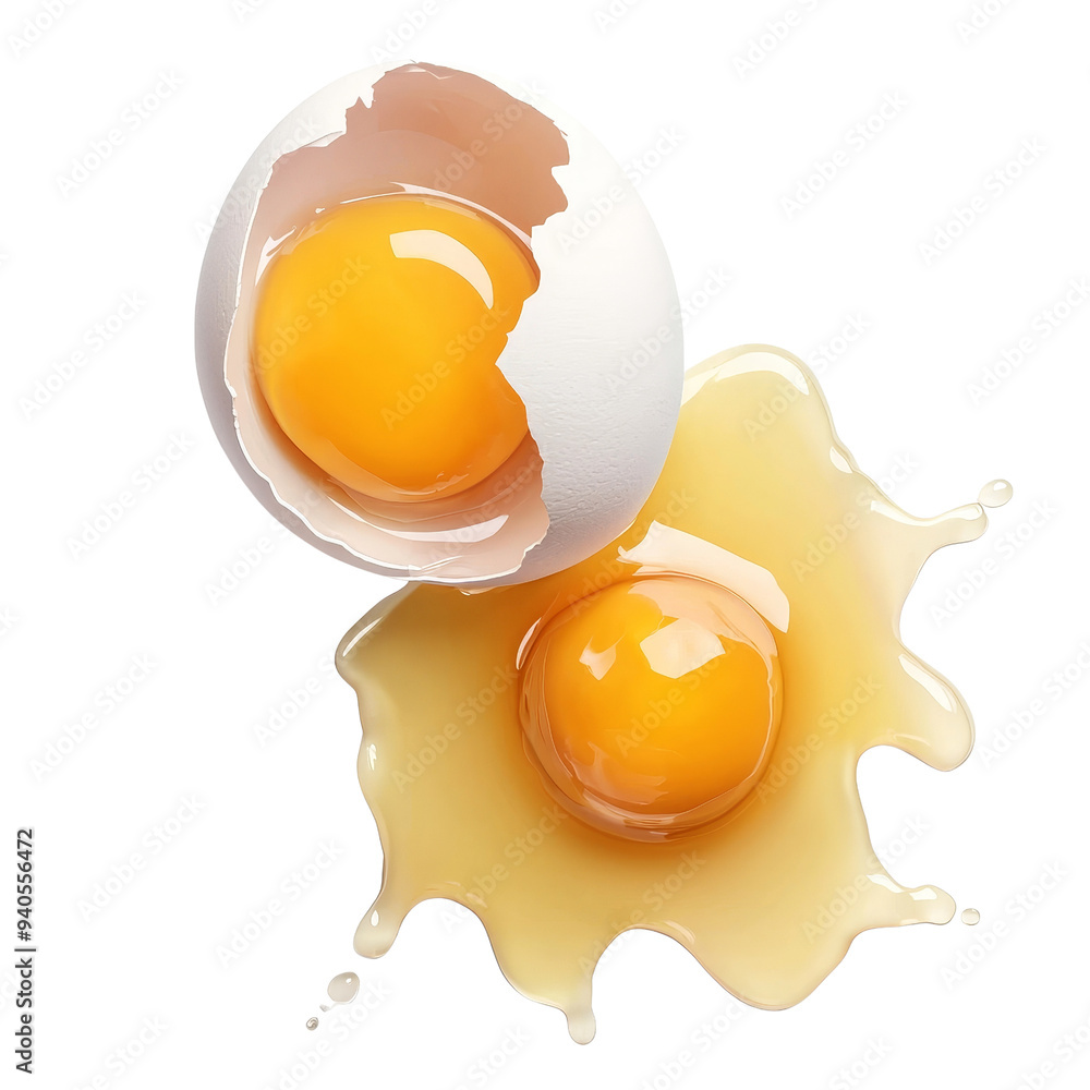 Freshly cracked eggs, one with a broken shell and golden yolk ...