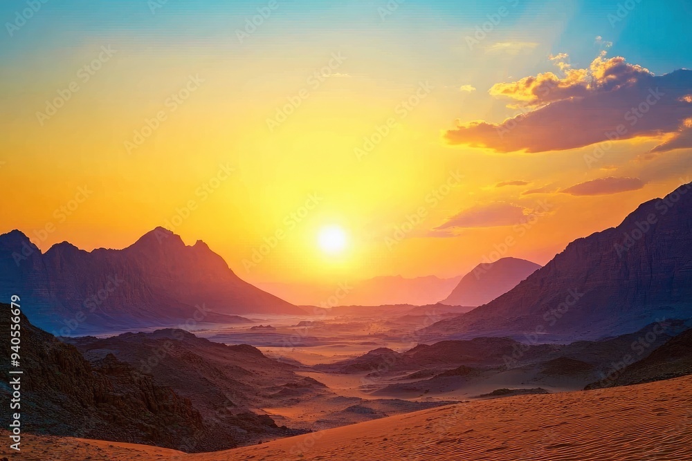 Naklejka premium Epic sunset landscape sky with big bright sun going behind the mountains in Egypt , ai