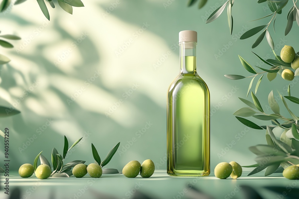 Elegant bottle of olive oil with fresh olive branches and olives on a green background, perfect for culinary and health themes. Elegant bottle of olive oil with fresh olive branches and olives on a green background, perfect for culinary and health themes.