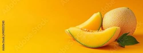  A few slices of melon atop a yellow table, accompanied by a green leaf nearby