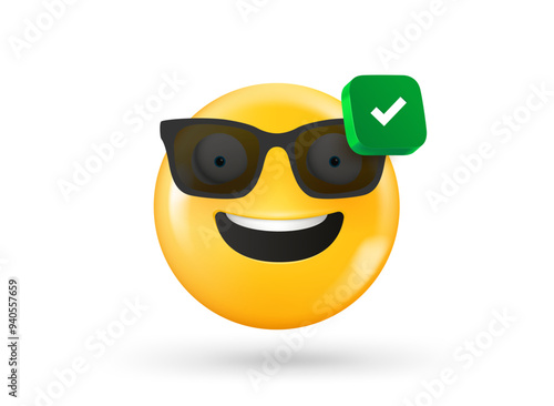 Smiling face with checkmark icon. 3d vector object isolated on white background photo