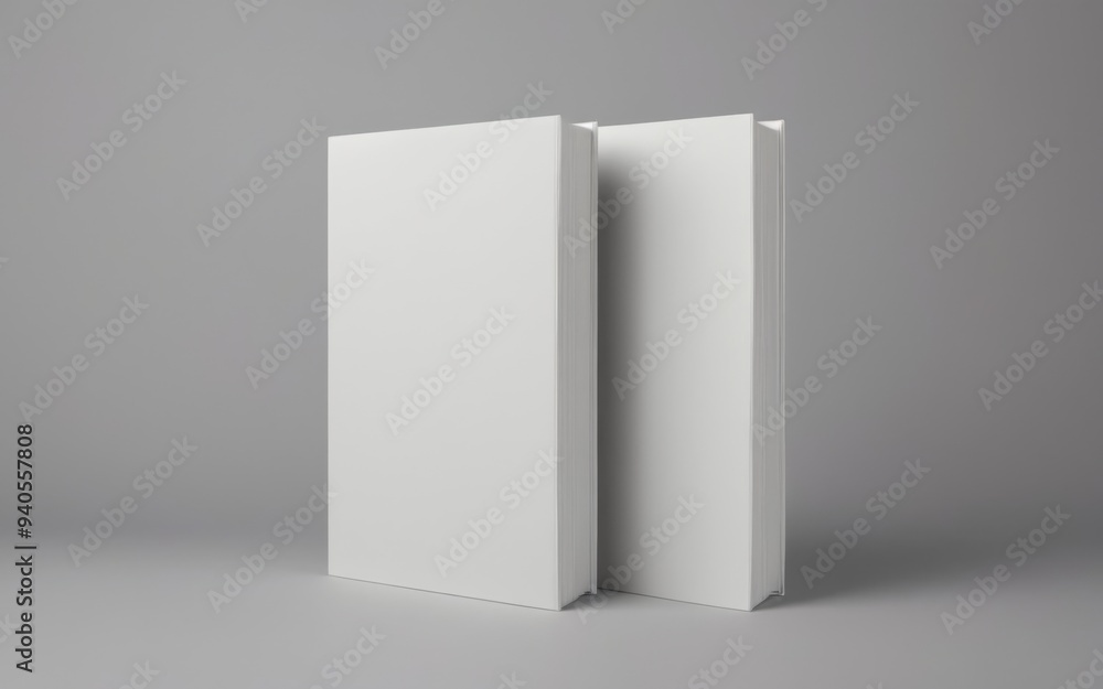 Two white books with glossy finish on grey background, in modern Two white books with glossy finish on grey background, in modern