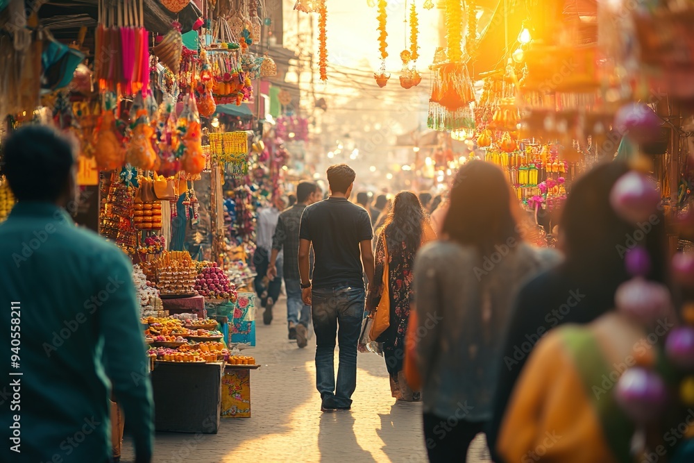 Bustling Indian market street with vibrant festive decorations Stock ...