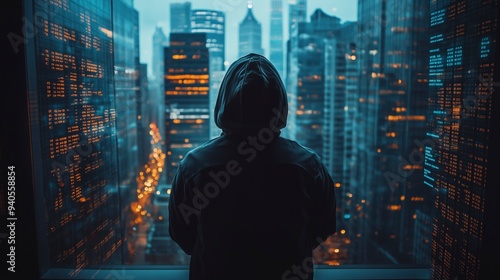 Wallpaper Mural A figure in a hoodie gazes out over a city skyline at dusk, evoking contemplation and solitude. Torontodigital.ca