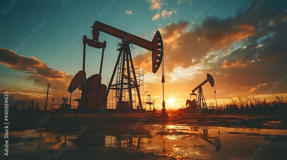 Silhouette of an oil pump jack at sunset, oil prices and instability issues concept Silhouette of an oil pump jack at sunset, oil prices and instability issues concept