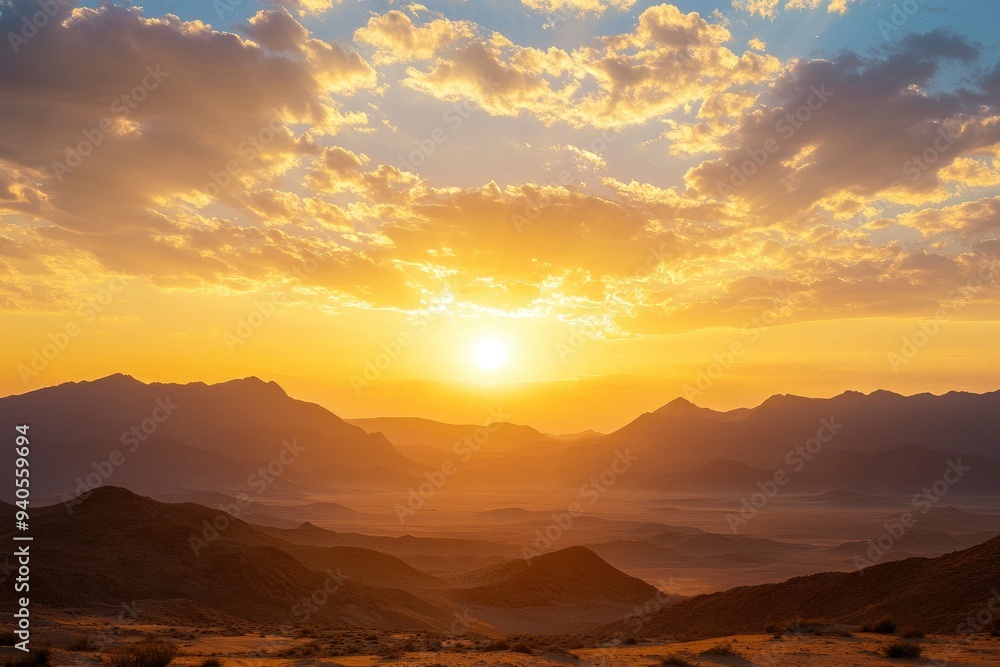 Epic sunset landscape sky with big bright sun going behind the mountains in Egypt , ai Epic sunset landscape sky with big bright sun going behind the mountains in Egypt , ai