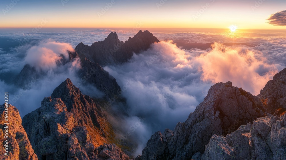 Fototapeta premium Early morning in High Tatras mountains, Slovakia. An amazing view of high rocky peaks surrounded by clouds during golden hour. Sunrise over High Tatras mountains from the top of Koprovsky peak