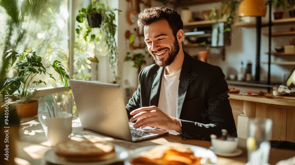 Smiling man laptops and eats Smiling man laptops and eats