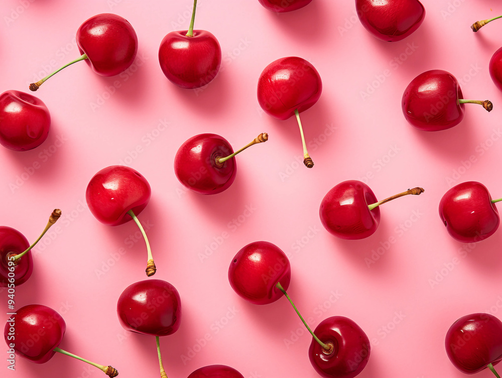 Flat lay of cherries on a pink background Flat lay of cherries on a pink background