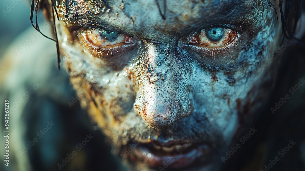 Close-up of a scary zombie with piercing blue eyes, perfect for Halloween themes and horror design, with copy space. Close-up of a scary zombie with piercing blue eyes, perfect for Halloween themes and horror design, with copy space.