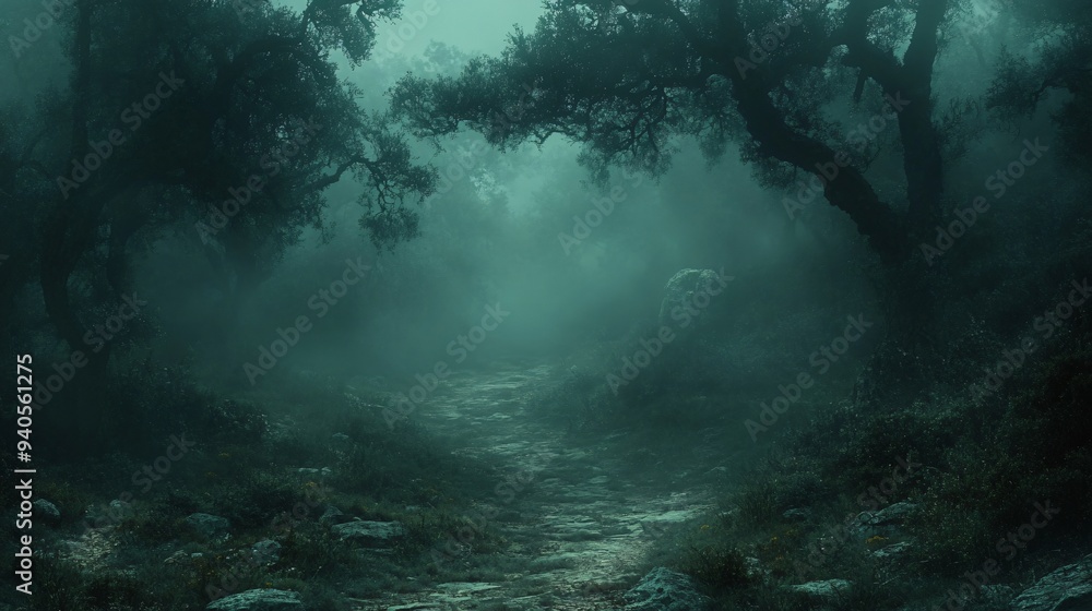A mysterious, dark forest scene ideal for Halloween-themed designs, evoking a sense of enchantment and intrigue with copy space. A mysterious, dark forest scene ideal for Halloween-themed designs, evoking a sense of enchantment and intrigue with copy space.