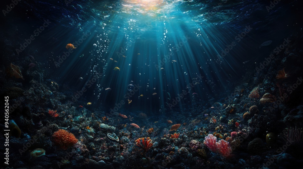Fototapeta premium A surreal depiction of the biomass network, featuring plankton at the center of the food chain, set against a deep-sea backdrop.