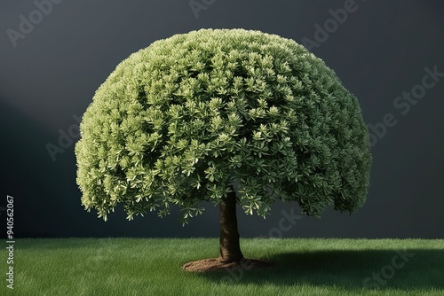 Stunning 3D Visualization of Isolated Buxus Sempervirens on Dark Field Background with Botanical Elements