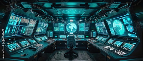 Retrofuturistic space station control room, consoles displaying grainy teal and blue data visualizations. photo