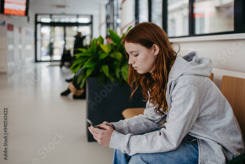 Teenage girl waiting in hospital corridor, sitting on bench and looking at smartphone. Adolescent patient coming to hospital for examination. photo