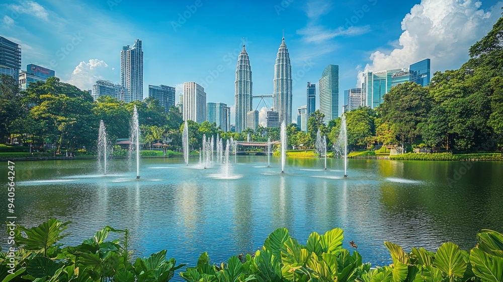 Fototapeta premium Awesome Kuala Lumpur skyline. Amazing view of scenic lake and fountains in a city park of Kuala Lumpur, Malaysia. Beautiful cityscape. Kuala Lumpur is a popular tourist destination of Asia