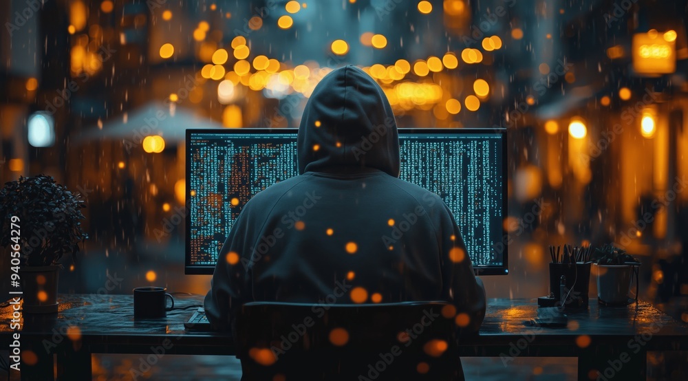 Hacker in Hoodie Coding During Cyber Attack at Night - Cinematic Photography Hacker in Hoodie Coding During Cyber Attack at Night - Cinematic Photography