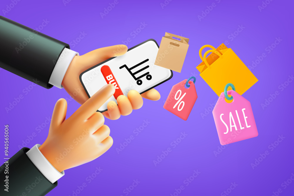 Man do shopping via internet with smartphone. 3d vector illustration