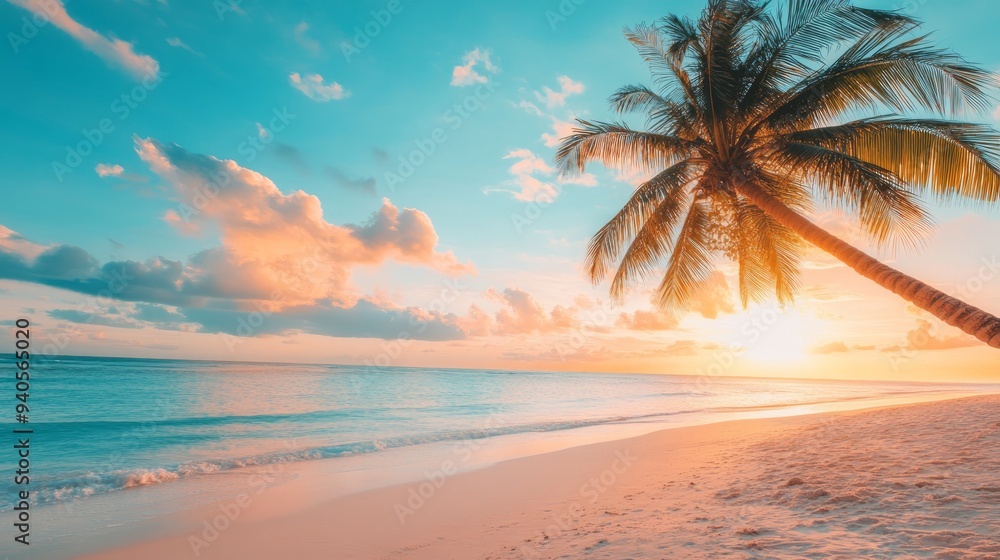 Beautiful sunset tropical beach with palm tree and blue sky for travel and vacation in holiday relax time Beautiful sunset tropical beach with palm tree and blue sky for travel and vacation in holiday relax time