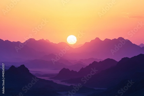 Epic sunset landscape sky with big bright sun going behind the mountains in Egypt , ai