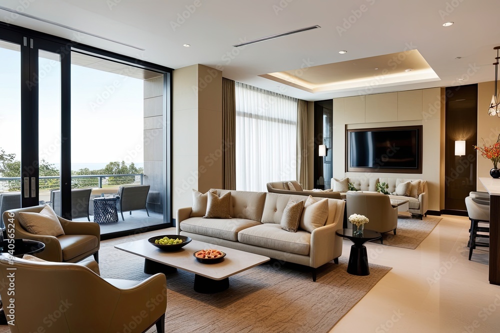 Chic Beige Lounge with Eating Space and Relaxation Area in Modern Interior Design Chic Beige Lounge with Eating Space and Relaxation Area in Modern Interior Design