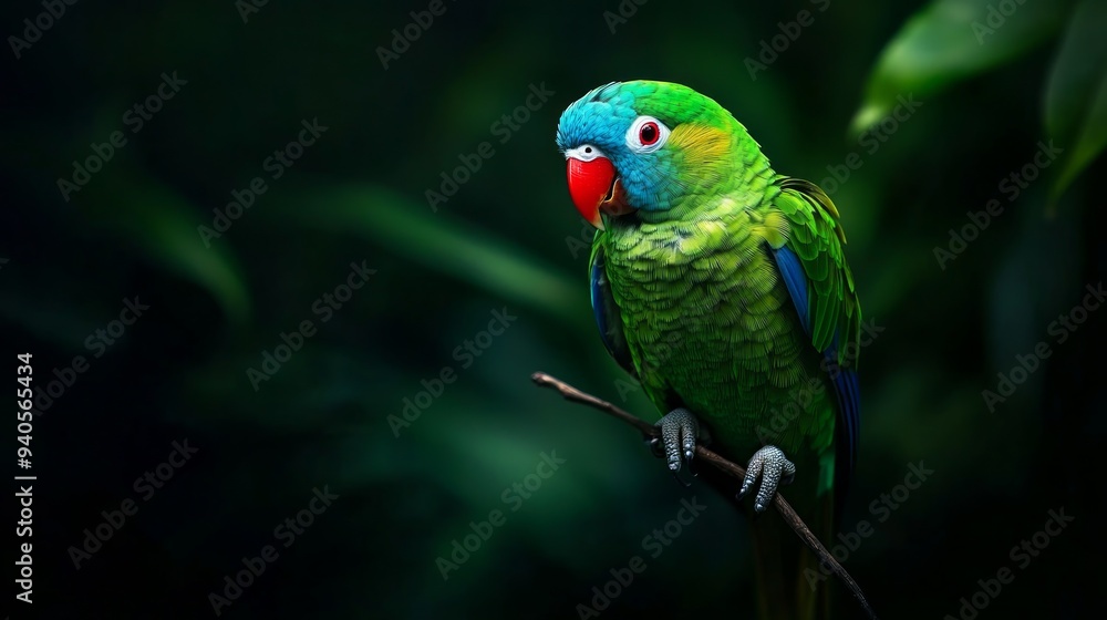 Blue-naped parrot, Tanygnathus lucionensis, colorful parrot. Green parrot with red beak and light blue rear crown sitting on twig isolated against dark green jungle background Blue-naped parrot, Tanygnathus lucionensis, colorful parrot. Green parrot with red beak and light blue rear crown sitting on twig isolated against dark green jungle background
