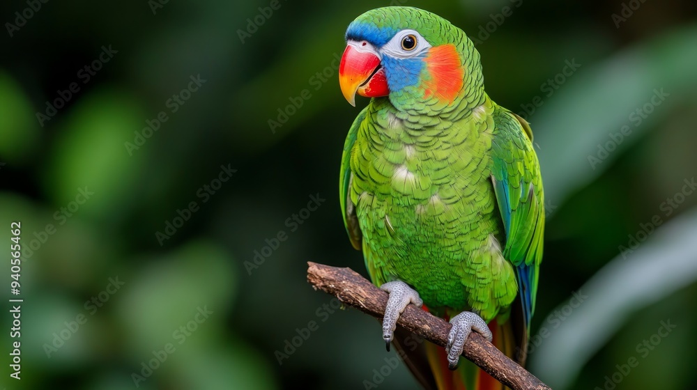 Blue-naped parrot, Tanygnathus lucionensis, colorful parrot. Green parrot with red beak and light blue rear crown sitting on twig isolated against dark green jungle background Blue-naped parrot, Tanygnathus lucionensis, colorful parrot. Green parrot with red beak and light blue rear crown sitting on twig isolated against dark green jungle background