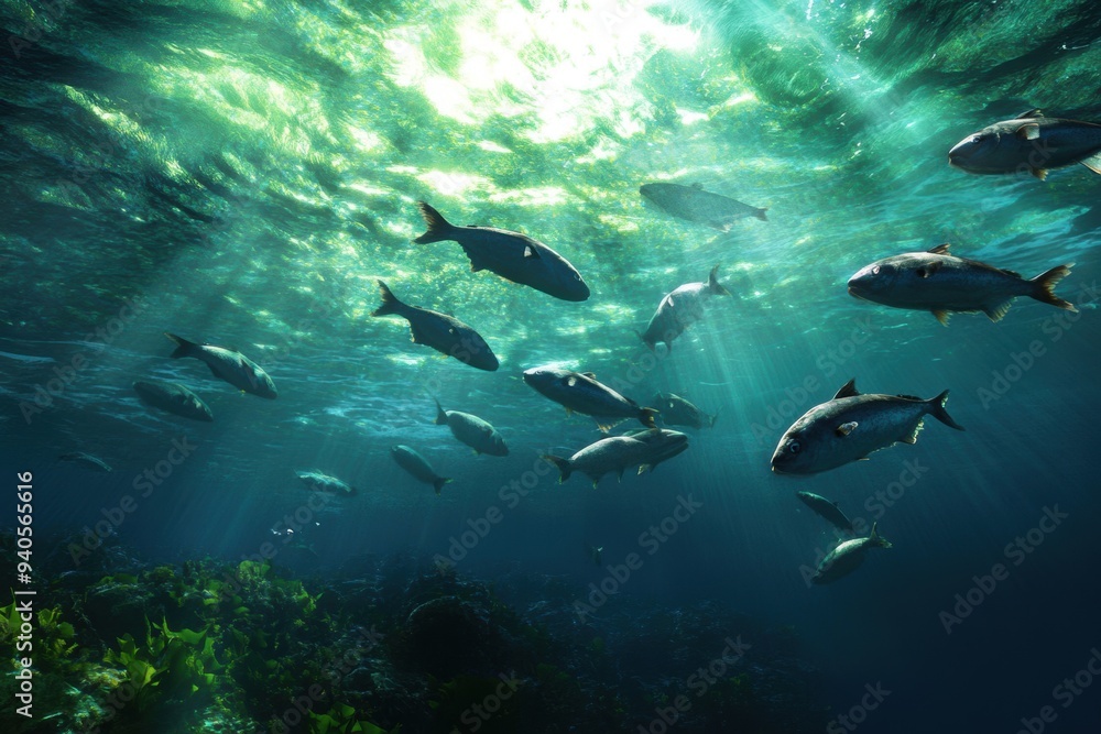 Obraz premium Digital artwork depicting a school of fish feeding on plankton, emphasizing the critical role of biomass in the food chain.