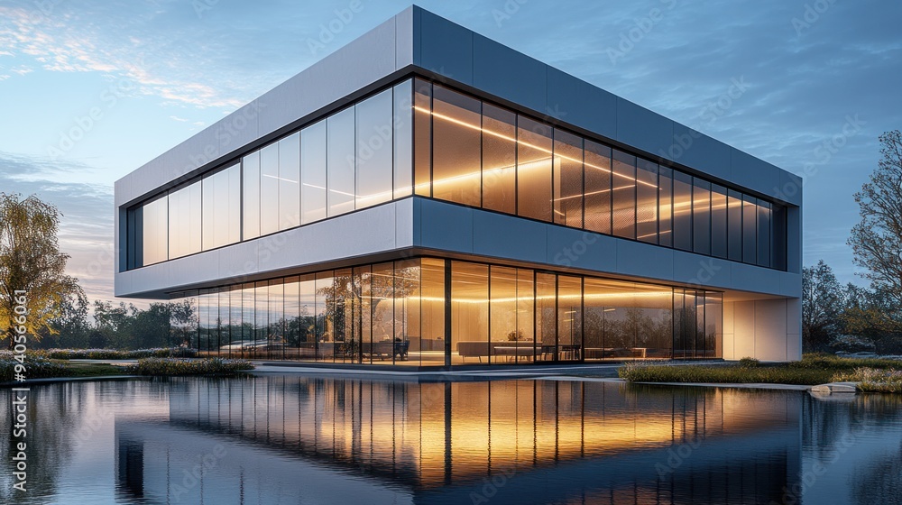Modern Glass Building With Reflection in Water Modern Glass Building With Reflection in Water