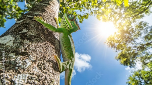 Bright green Parson's chameleon, ultra wide angle view, colorful chameleon climbing up tree trunk upside down against sunny sky. Wild animal, Madagascar photo