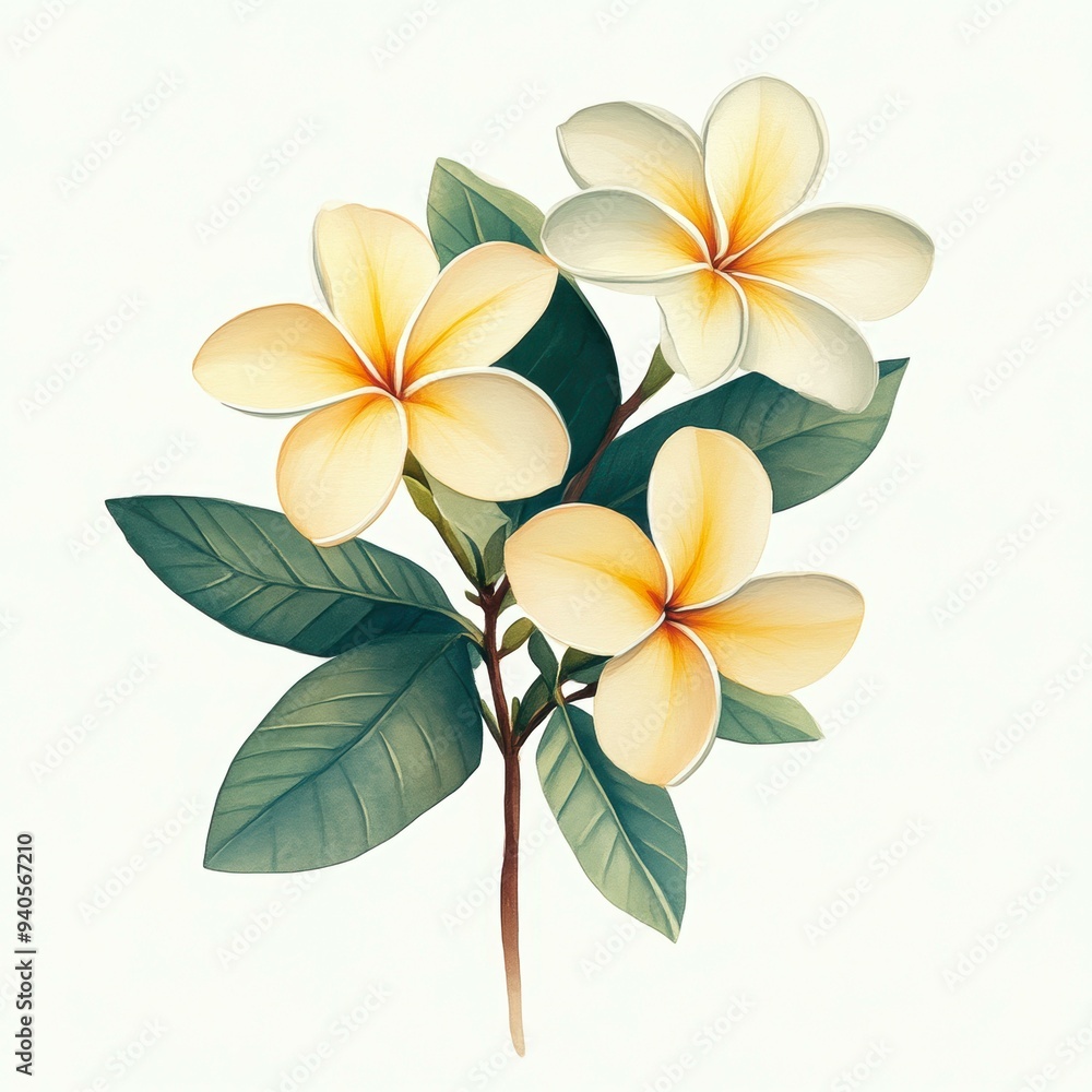 A beautiful illustration of three plumeria flowers with green leaves, ideal for use in botanical prints, greeting cards, or nature-themed design projects A beautiful illustration of three plumeria flowers with green leaves, ideal for use in botanical prints, greeting cards, or nature-themed design projects