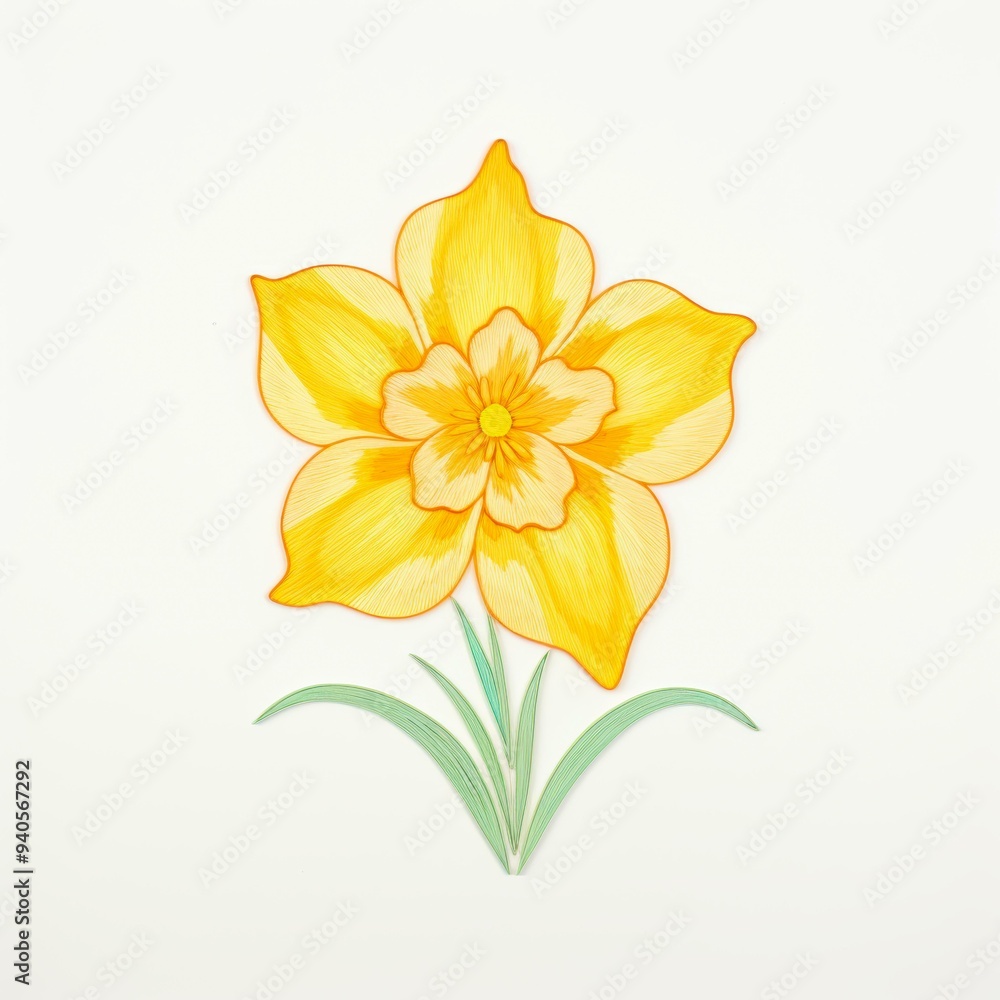 A vibrant yellow flower with detailed petals and green leaves against a plain white background, perfect for spring-themed projects, botanical illustrations, greeting cards, and craft designs, A vibrant yellow flower with detailed petals and green leaves against a plain white background, perfect for spring-themed projects, botanical illustrations, greeting cards, and craft designs,