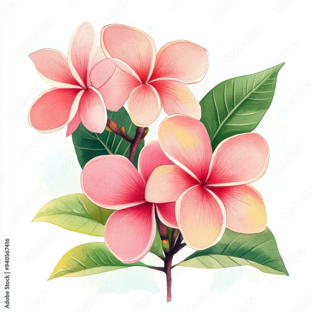 Obraz premium Illustrated pink plumeria flowers with green leaves, ideal for home decor, greeting cards, nature-themed designs, and botanical artworks