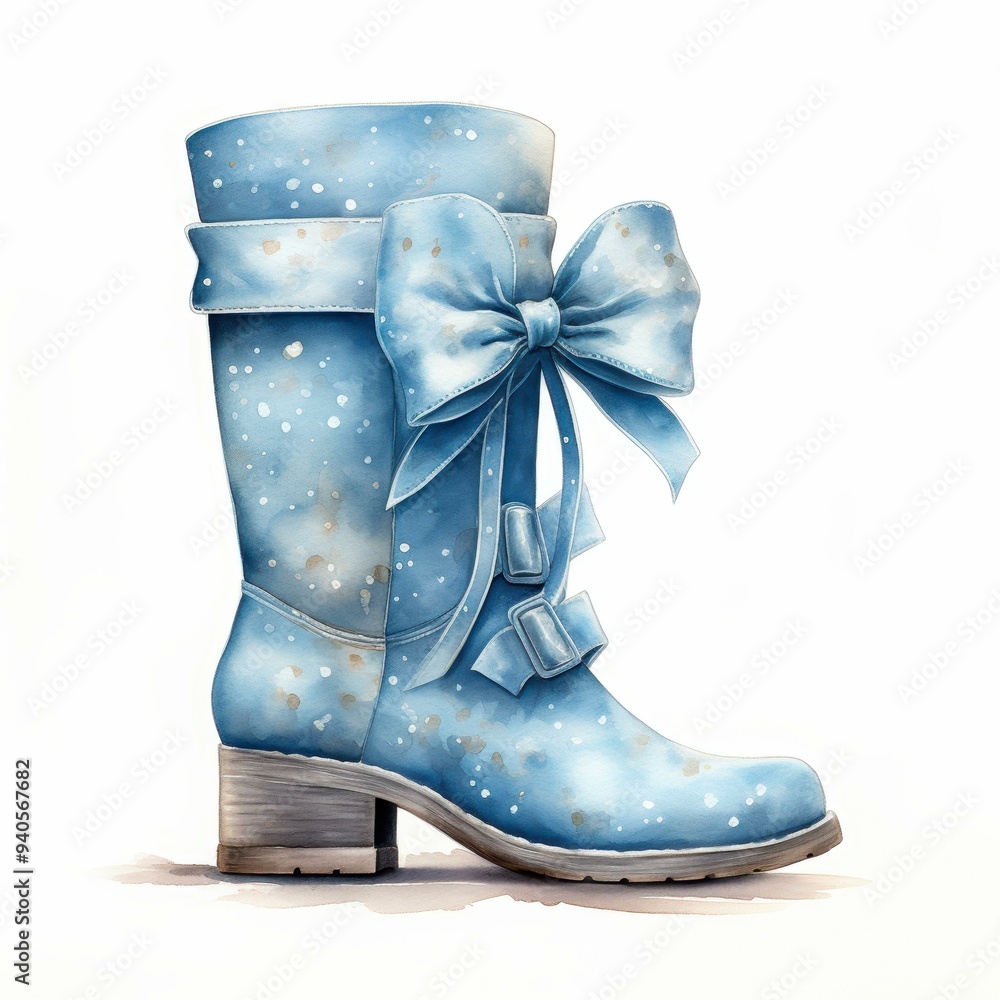 A watercolor illustration of a blue boot with a large bow, depicting a whimsical and stylish footwear design suitable for fashion and art-related projects, children's book illustrations A watercolor illustration of a blue boot with a large bow, depicting a whimsical and stylish footwear design suitable for fashion and art-related projects, children's book illustrations