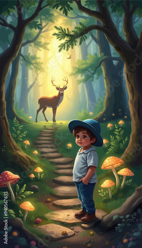 A Boy's Adventure in the Forest: A Mushroom Path Encounter