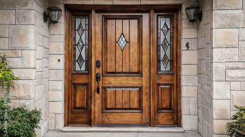 A front view brown wooden entrance door of a private house, mansion. Entrance door ideas