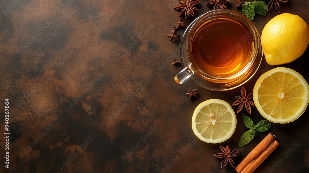 Black tea with add-ons on brown. Black tea with add-ons on brown.