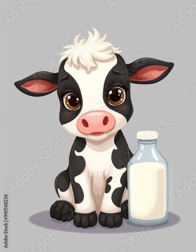 Adorable Cow Character with Milk Bottle