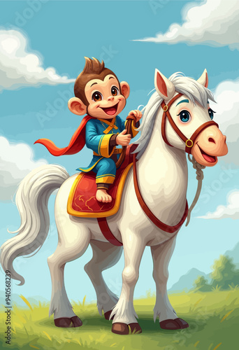 Adorable Monkey Riding a White Horse in a Field