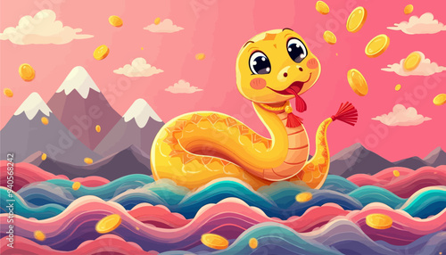 Adorable Yellow Snake with Red Tongue and Coins Falling Around, Swimming in Colorful Ocean Waves
