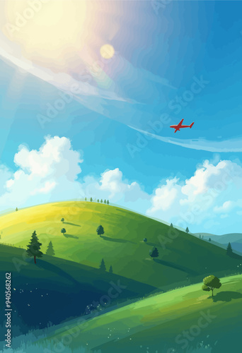 Aerobatic flight over a lush green hillside