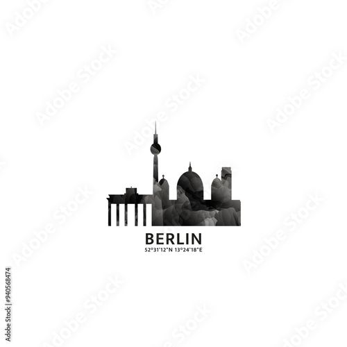 Berlin panorama, vector badge, skyline logo and icon. Germany capital city horizon logotype with landmarks and building silhouettes. Isolated foggy abstract gradient graphic