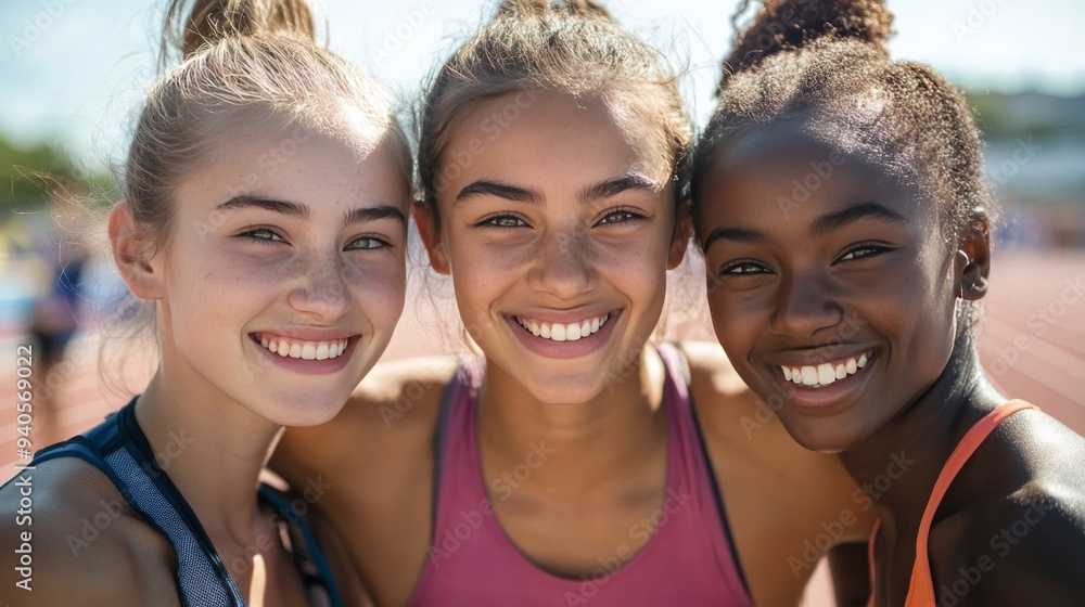 Young athletes pose and smile at track event Young athletes pose and smile at track event