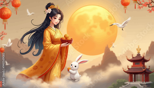 Asian Woman in Traditional Costume with Rabbit and Moon