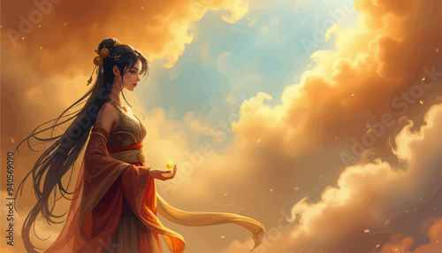 Asian Woman in Traditional Costume with Yellow Flower, Standing in Front of Cloudy Sky