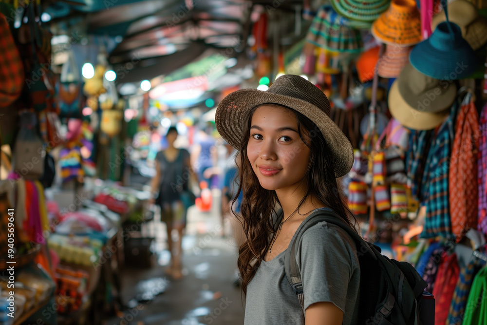 Woman wearing a hat and backpack smiling while exploring lively, colorful outdoor market with various fabrics and accessories hanging around creating vibrant atmosphere Woman wearing a hat and backpack smiling while exploring lively, colorful outdoor market with various fabrics and accessories hanging around creating vibrant atmosphere