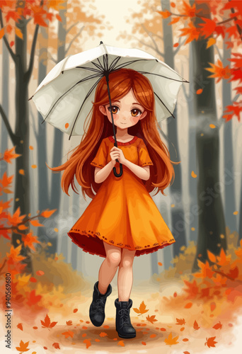 Autumnal Serenity: A Young Girl in an Orange Dress with Red Hair and Black Boots, Standing in a Forest of Fall Leaves, Holding an Umbrella